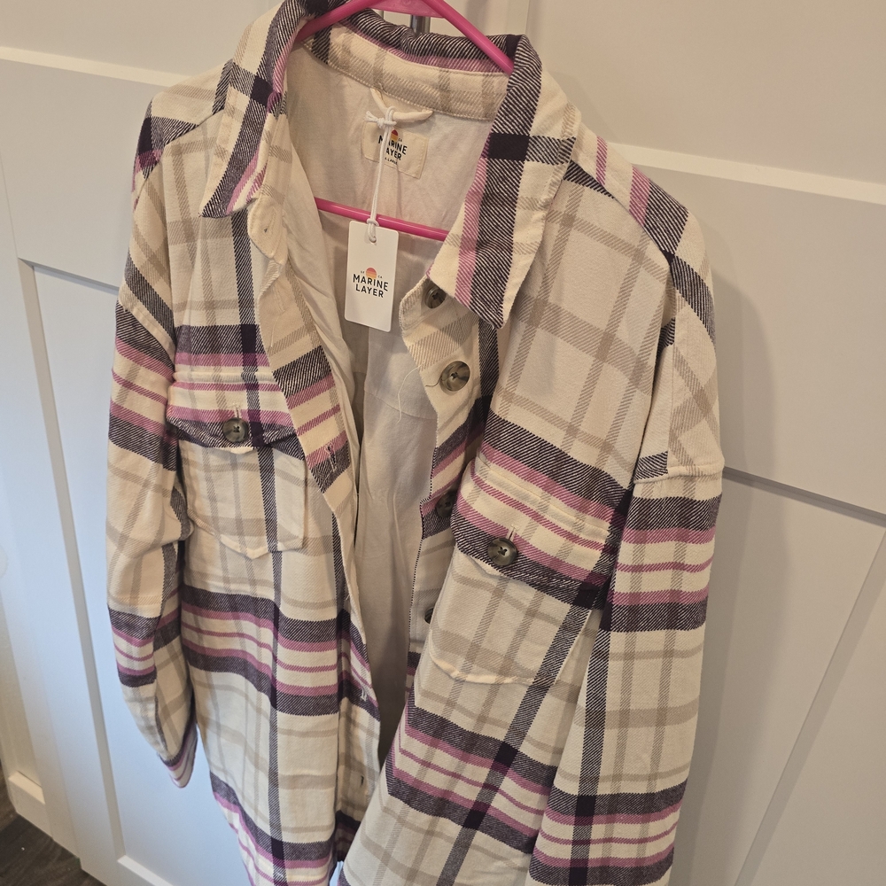 Marine Layer Women's Plaid Utility Jacket - Cream and Purple